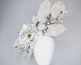 kentucky derby hat fascinator cream silver ivory leaves with metallic silver light peony flower white gray pearls and silver leaves