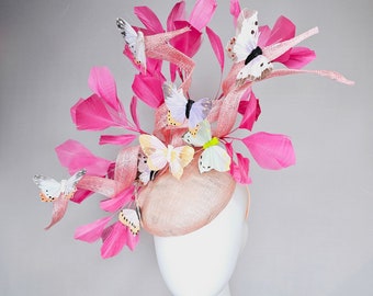 kentucky derby hat fascinator blush light pink sinamay with curls bright pink feathers and pastel  butterflies