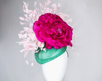 kentucky derby hat fascinator bright green sinamay blush feathers with white branching beaded flowers fuchsia pink huge flower