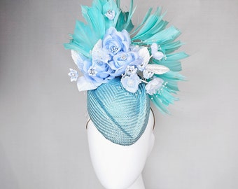 kentucky derby hat fascinator pointed light blue buntal with light blue flowers roses pearls  blue leaves and blue aqua large feathers