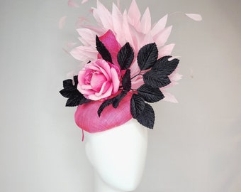 kentucky derby hats fascinator hot pink sinamay with fuchsia pink rose black velvet leaves and light pink feathers