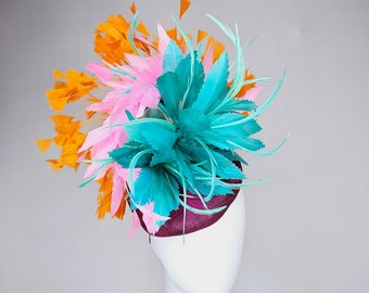 kentucky derby hat fascinator purple sinamay with rainbow feathers teal blue green coral orange pink