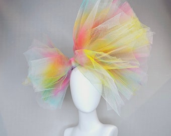 kentucky derby hat fascinator very large netting colorful distressed tulle rainbow sheer asymmetric bow on headband