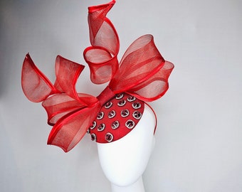 kentucky derby hat fascinator red fabric base with mesh and wired ribbon large bendable bow decor with clear red crystal jewels