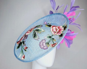 Kentucky Derby Oaks Teal Floral Fascinator Hat with Pink Gold & Purple Accents Floral Kentucky Derby Hat, Navy and Pink Royal Ascot  main image 2