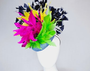 kentucky derby hat fascinator light blue sinamay with rainbow feathers navy blue hot pink yellow and green