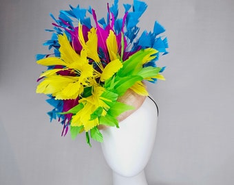 kentucky derby hat fascinator ivory blush sinamay with  rainbow feathers blue turquoise hot pink yellow and  green