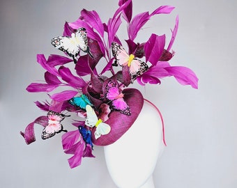 kentucky derby hat fascinator purple sinamay with curls with purple feathers and rainbow colorful butterflies