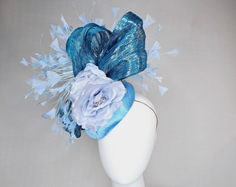 kentucky derby hat fascinator royal blue satin with light blue satin flower and light blue feathers and teal metallic silk