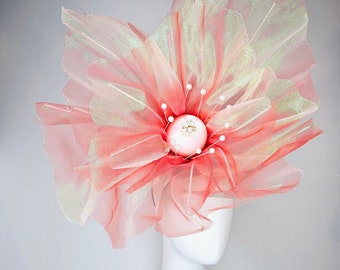 kentucky derby hat fascinator huge organza iridescent peach light coral large flower headpiece with pearl decor