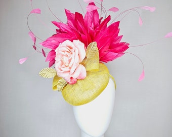 kentucky derby hat fascinator  yellow sinamay with pink fuchsia feathers with pink blush ombre flower with gold lame leaves