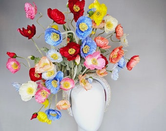 kentucky derby hat fascinator white iridescent rhinestone crystal headband with rainbow huge blue red yellow green pink orange poppies