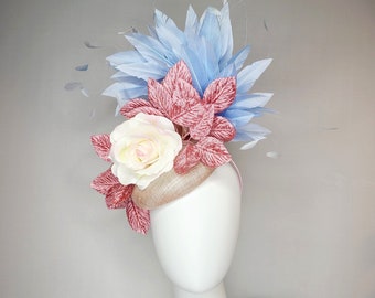 kentucky derby hat fascinator beige taupe sinamay with light blue feathers with peach cream rose flower and dusty pink velvet leaves