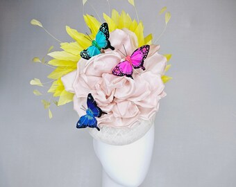 kentucky derby hat fascinator white sinamay blush large satin flower yellow feathers and rainbow pink blue green butterflies