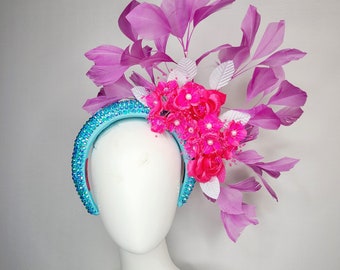 kentucky derby hat fascinator turquoise aqua blue swarovski crystal headband with hot pink white pearl sating flowers purple violet feathers