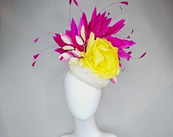 Kentucky Derby Hat Fascinator White Sinamay Pink and Yellow  display picture 1