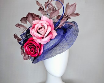 kentucky derby hat fascinator royal blue sinamay with light pink blush and bright dark pink roses with taupe feather decor