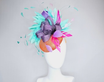 kentucky derby hat fascinator orange sinamay with mint green feathers with purple sinamay bow and hot pink  feather accent