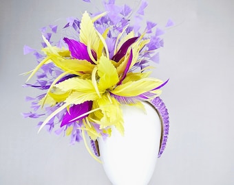 kentucky derby hat fascinator  lavender beaded headband yellow purple violet feathers