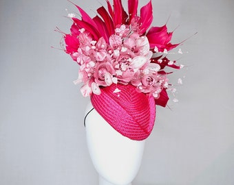 kentucky derby hat fascinator  raspberry fuchsia pink poined buntal with matching feathers and mauve pink satin beaded flowers