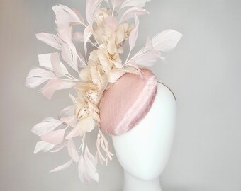 kentucky derby hat fascinator blush light pink satin base with pink feathers taupe beige champagne silk flowers