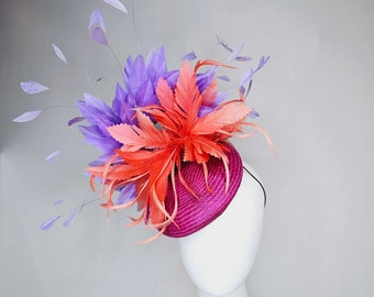 kentucky derby hat fascinator purple magenta fuchsia buntal with lavender purple and coral  feathers