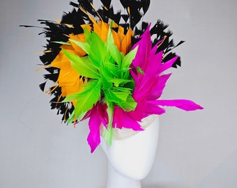 kentucky derby hat fascinator neutral sinamay with rainbow feathers black orange hot pink green