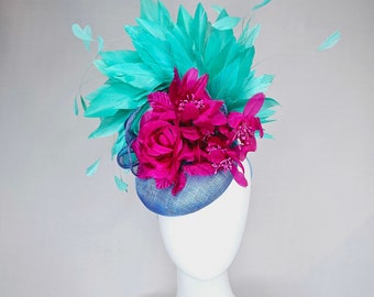 kentucky derby hat fascinator fuchsia magenta pink silk flowers with green feathers  light blue sinamay