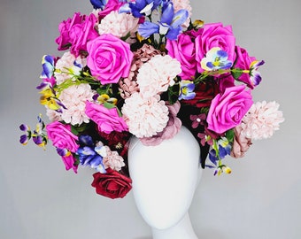 kentucky derby hat fascinator huge colorful flower dome headpiece with purple pink white red flowers on black base