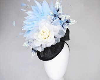 kentucky derby hat black black sinamay  with white organza rose gray white blue leaves and light blue feathers