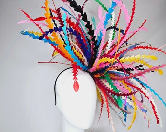 kentucky derby hat fascinator rainbow huge blue red yellow green pink orange black zigzag feather headpiece