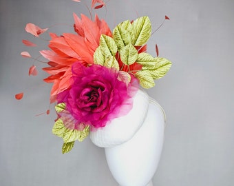 kentucky derby hat fascinator white satin with fuchsia pink rose green velvet leaves ad coral feathers aqua blue petals