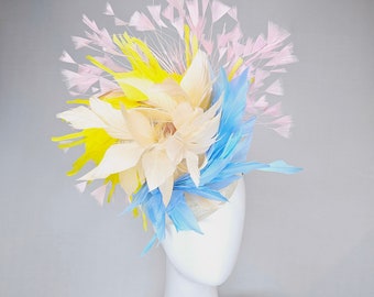 kentucky derby hat fascinator neutral sinamay with rainbow feathers pastel blue  pink yellow peach white