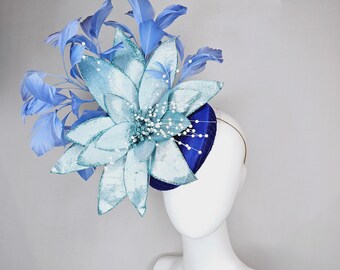kentucky derby hat fascinator royal blue satin with periwinkle blue feathers and large light blue velvet flower with white pearl decor