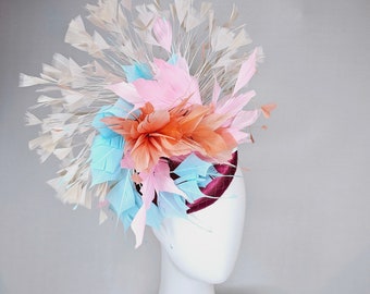 kentucky derby hat fascinator purple sinamay with rainbow feathers taupe ivory blue coral pink