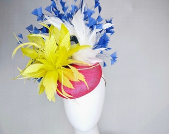 kentucky derby hat fascinator pink sinamay with chartreuse yellow feathers and blue and white feathers