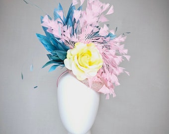 kentucky derby hat fascinator blush light pink sinamay teal peacock blue feathers pink feathers yellow rose flower