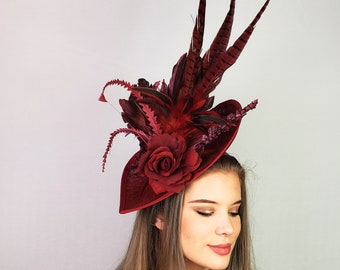 NWT Red Velvet Pillbox Hat W// Red Feather trim Dance Costume 40/'s Holiday