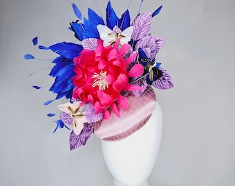 kentucky derby hat fascinator light pink blush satin pink feather flower royal blue feather purple leaves and blue white butterflies