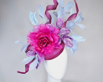 kentucky derby hat fascinator purple sinamay with light blue feathers fuchsia pink organza rose flower