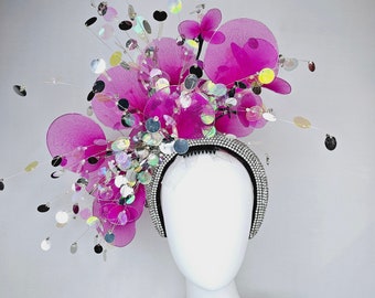 kentucky derby hat fascinator huge fuchsia branching nylon avant garde flower headpiece with huge sprays of iridescent sequins