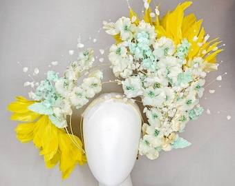 kentucky derby hat fascinator vintage branching mint green and gold flowers on tiered silver metallic headband with bright yellow feathers