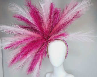 kentucky derby hat fascinator huge  fuchsia and ombre white pink fuchsia branching faux feather pampas headpiece on ht pink crystal headband