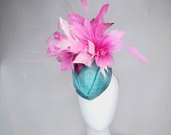kentucky derby hat fascinator turquoise blue sinamay with fluffy baby pink feather flowers