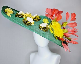 kentucky derby hat wide brim large green sinamay with yellow satin flower,green leaves,coral orange feathers and satin embroidered flowers