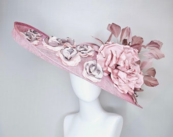 kentucky derby hat large wide brim sinamay pink hat, w blush pink silk flower,dusty pink feathers,pink gray embroidered organza flowers