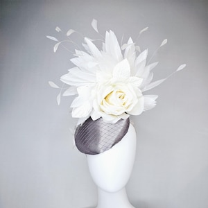 kentucky derby hat fascinator gray silver satin with netting,white ivory satin rose flower,white leaves,white ivory branching feathers