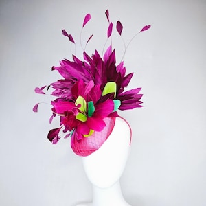 kentucky derby hat fascinator hot pink satin with netting,magenta purple branching feathers and lime green,blue green aqua,pink feathers