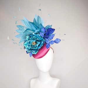 kentucky derby hat fascinator fuchsia magenta satin teal metallic blue green flower royal blue leaves peacock teal blue green feathers
