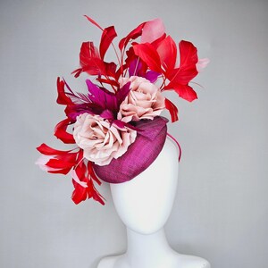 kentucky derby hat fascinator dark fuchsia purple sinamay, light pink satin organza rose flowers with red,pink,fuchsia branching feathers